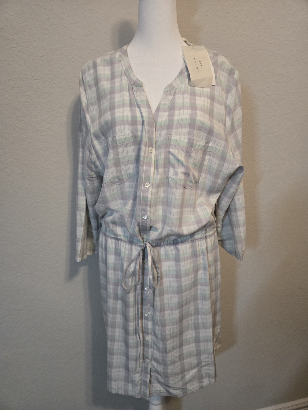 Soft Joie Women's Plaid shirt dress Woven Rayon V-Neck M